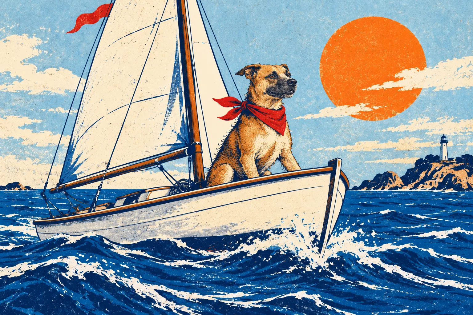 An illustration of Marty, a tan dog with a dark muzzle and a red bandana, sailing toward an orange sun